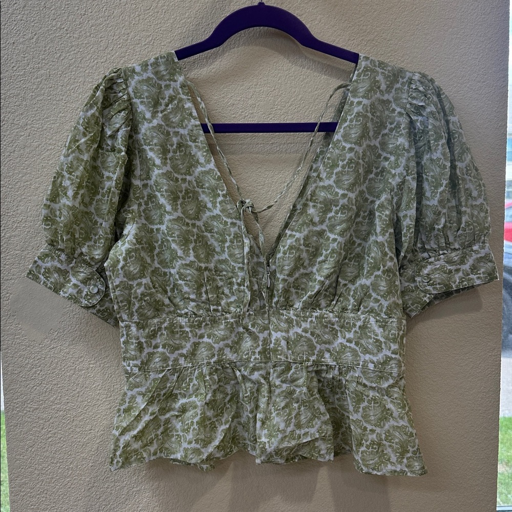 J.Crew Green Floral Peplum Blouse Puff Sleeve Cottagecore Top Size 6 - Picture 6 of 8